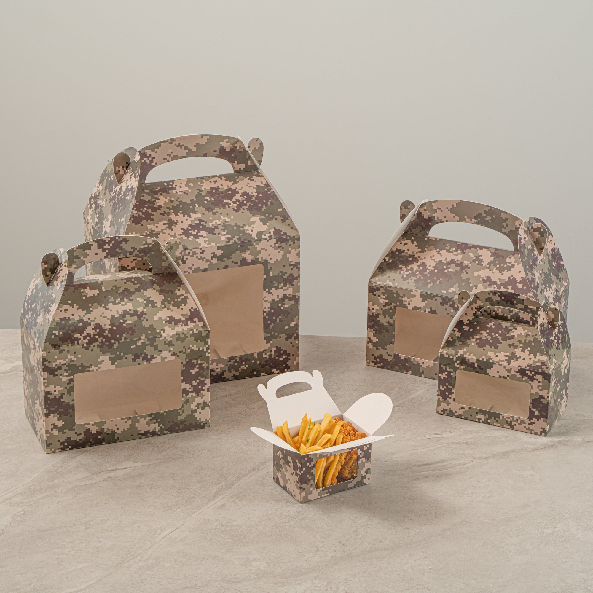 Bio Tek Camouflage Paper Gable Box / Take Out Container - with Window - 4" x 2 1/2" x 2 1/2" - 100 count box