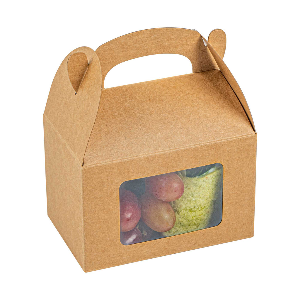 Bio Tek Kraft Paper Gable Box / Take Out Container - Greaseproof, with Window - 4" x 2 1/2" x 2 1/2" - 25 count box