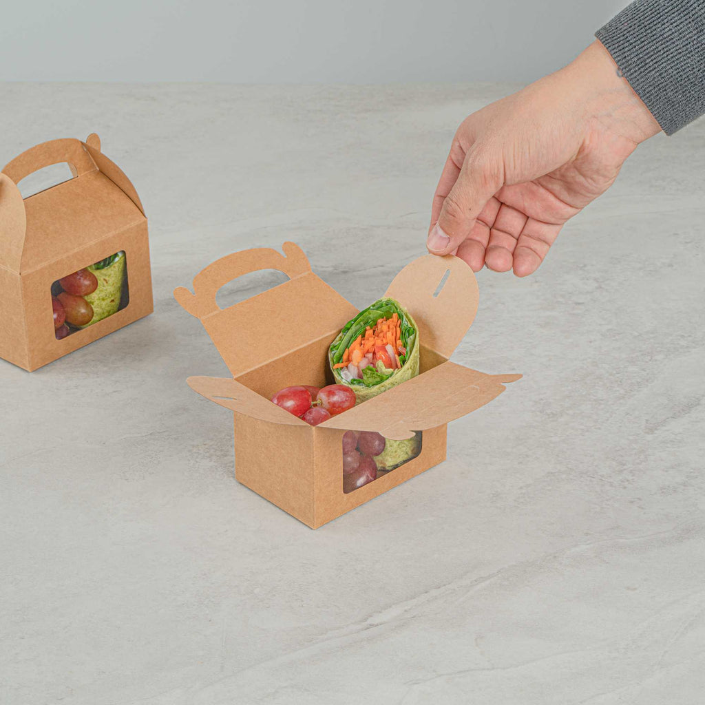 Bio Tek Kraft Paper Gable Box / Take Out Container - Greaseproof, with Window - 4" x 2 1/2" x 2 1/2" - 25 count box