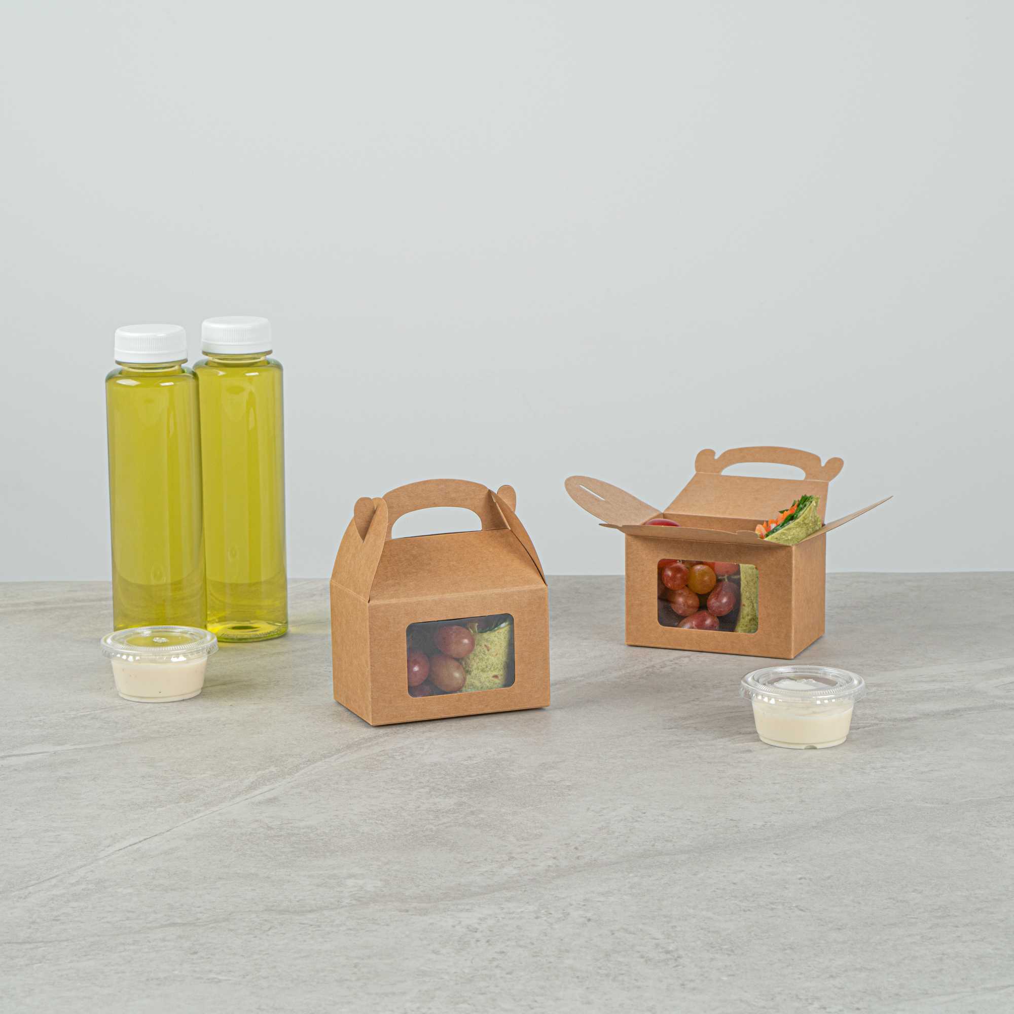 Bio Tek Kraft Paper Gable Box / Take Out Container - Greaseproof, with Window - 4" x 2 1/2" x 2 1/2" - 25 count box