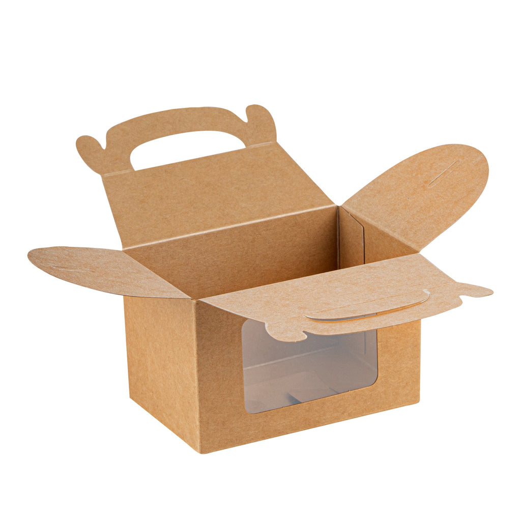 Bio Tek Kraft Paper Gable Box / Take Out Container - Greaseproof, with Window - 4" x 2 1/2" x 2 1/2" - 100 count box