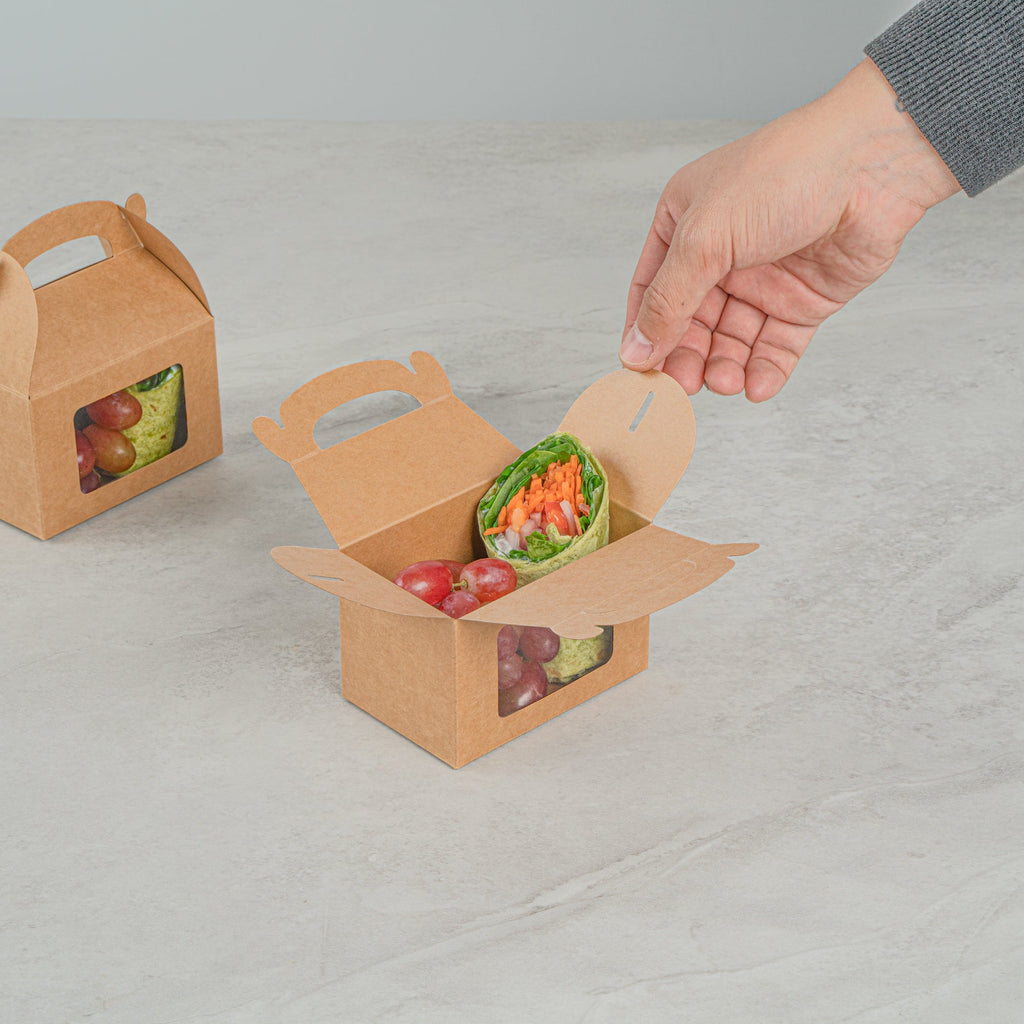 Bio Tek Kraft Paper Gable Box / Take Out Container - Greaseproof, with Window - 4" x 2 1/2" x 2 1/2" - 100 count box