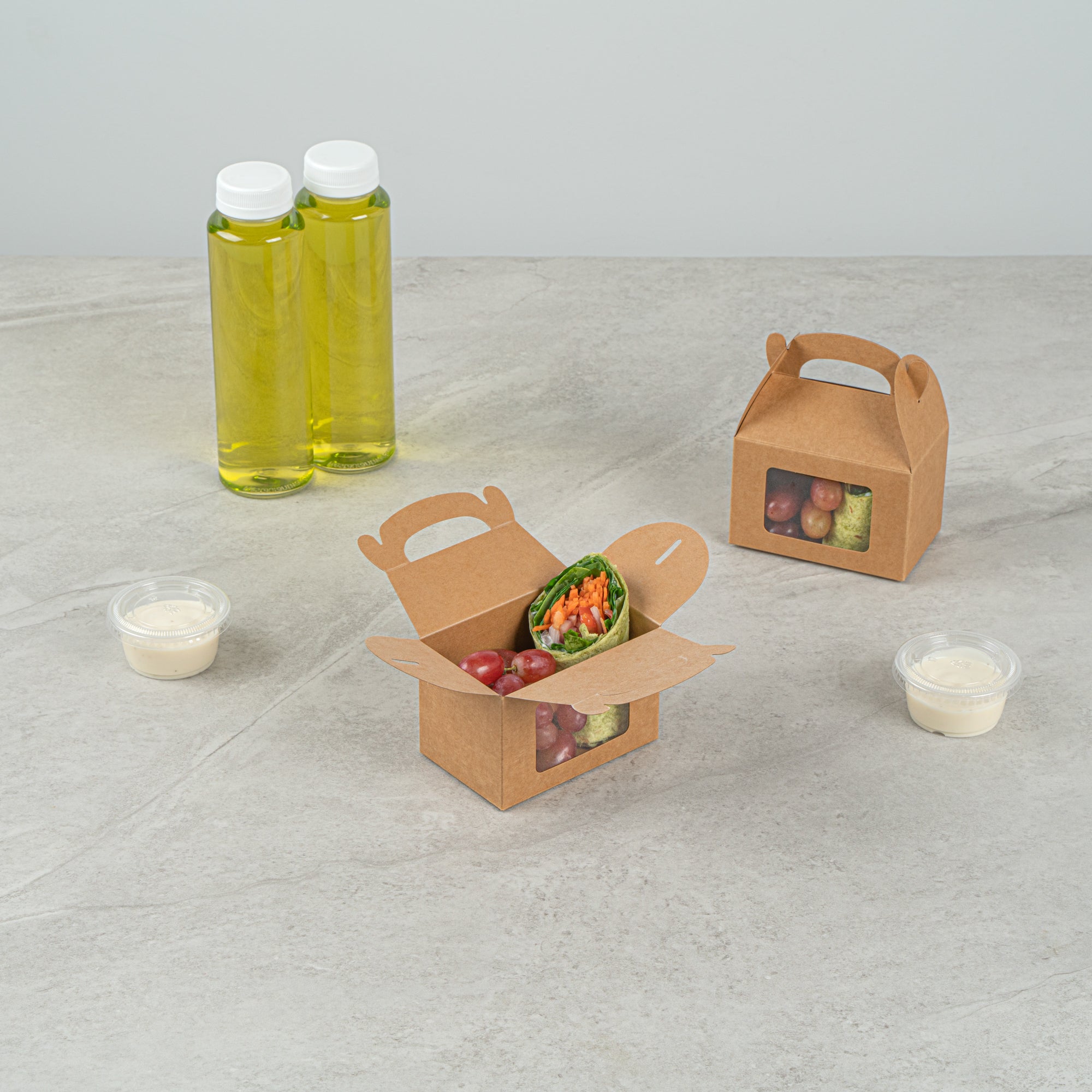 Bio Tek Kraft Paper Gable Box / Take Out Container - Greaseproof, with Window - 4" x 2 1/2" x 2 1/2" - 100 count box