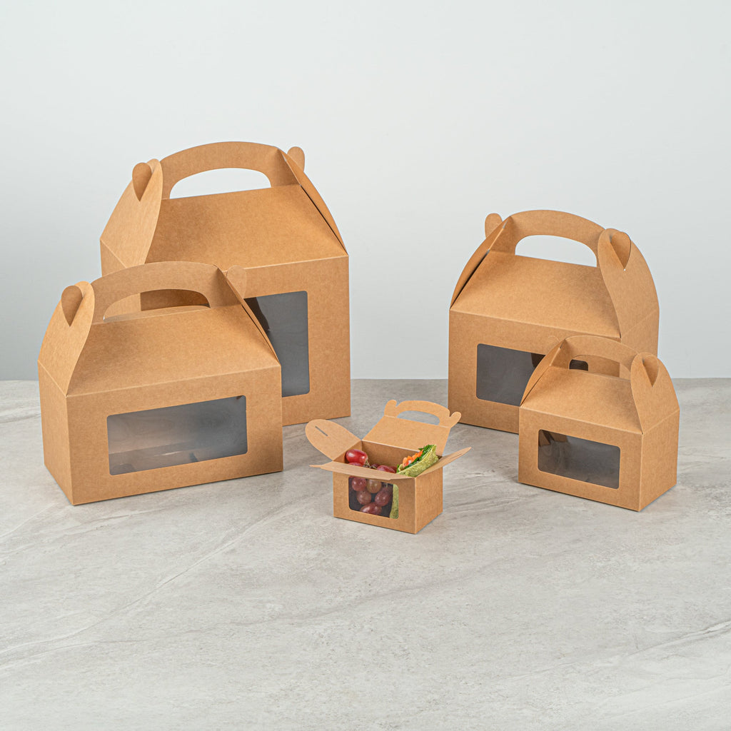 Bio Tek Kraft Paper Gable Box / Take Out Container - Greaseproof, with Window - 4" x 2 1/2" x 2 1/2" - 100 count box