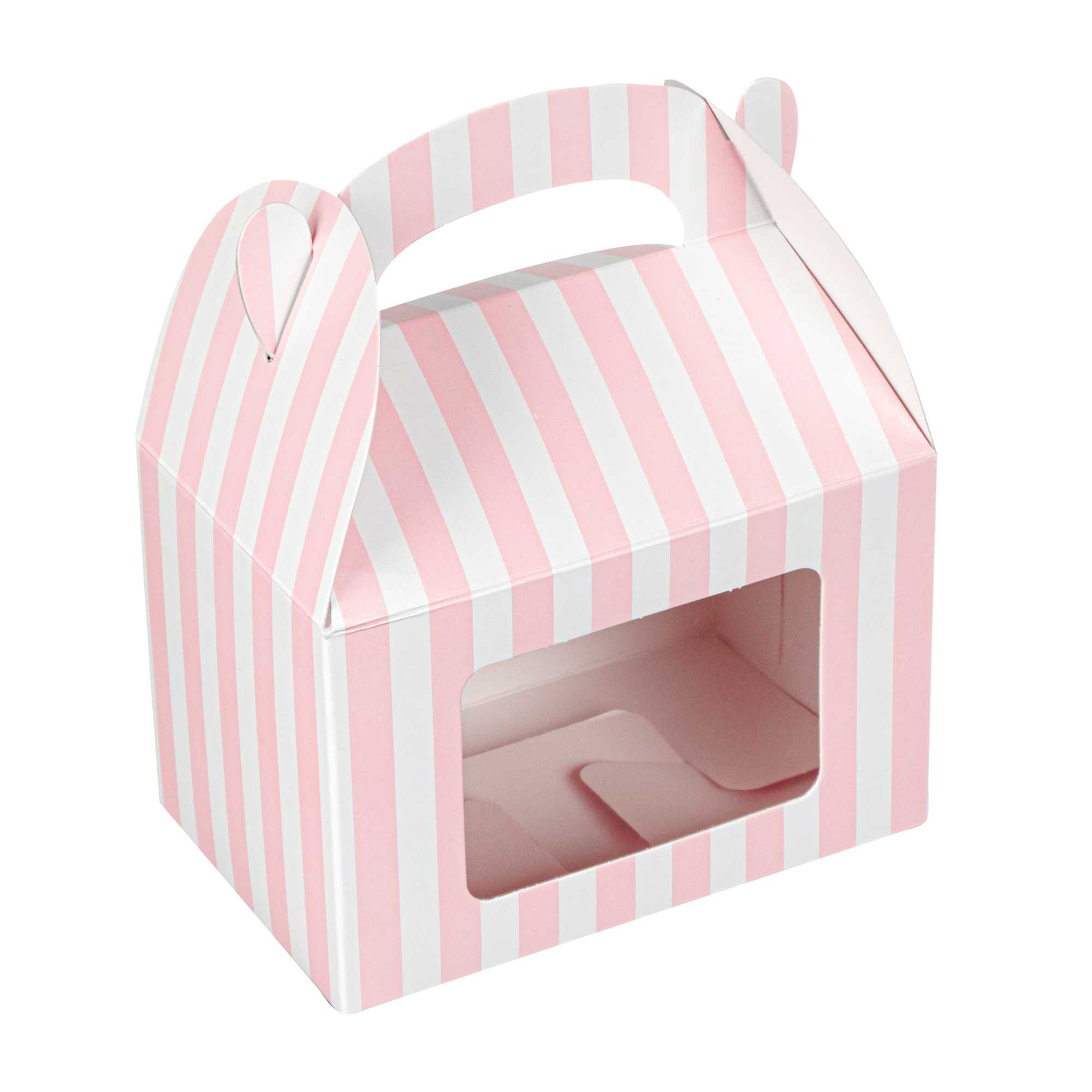 Bio Tek Pink & White Stripe Paper Gable Box / Take Out Container - with Window - 4" x 2 1/2" x 2 1/2" - 25 count box