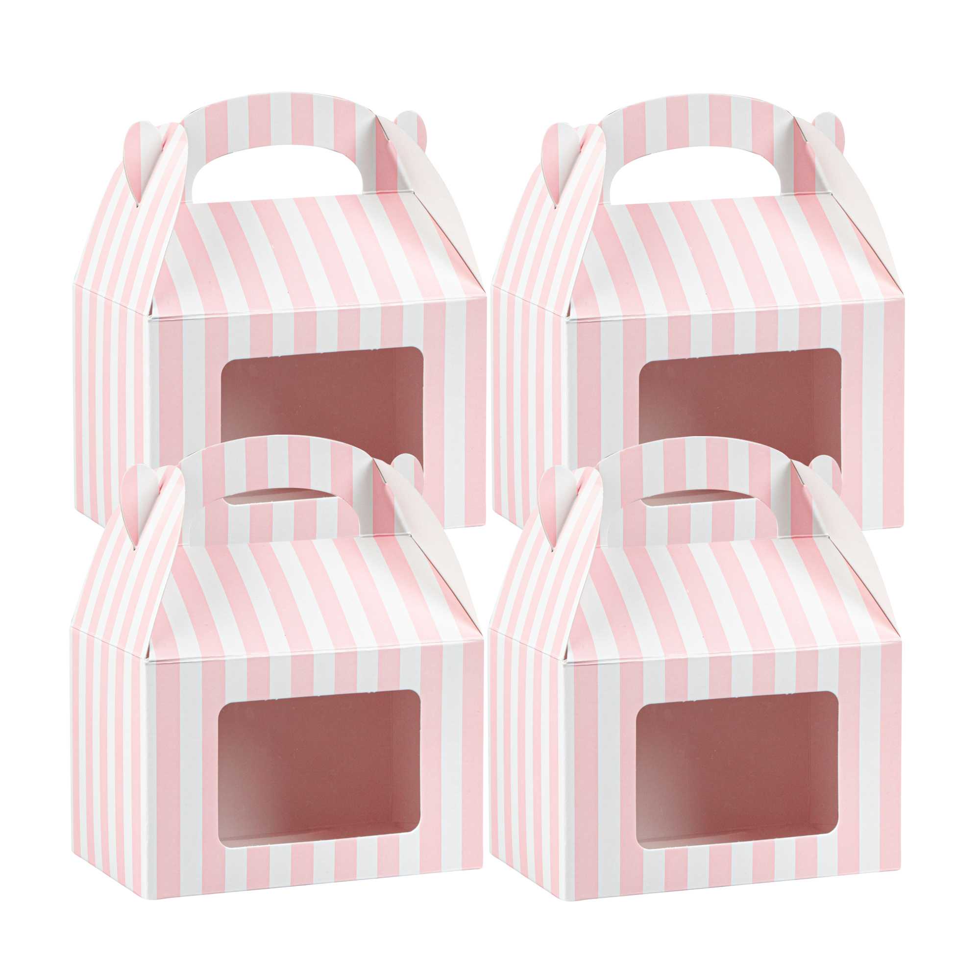 Bio Tek Pink & White Stripe Paper Gable Box / Take Out Container - with Window - 4" x 2 1/2" x 2 1/2" - 25 count box