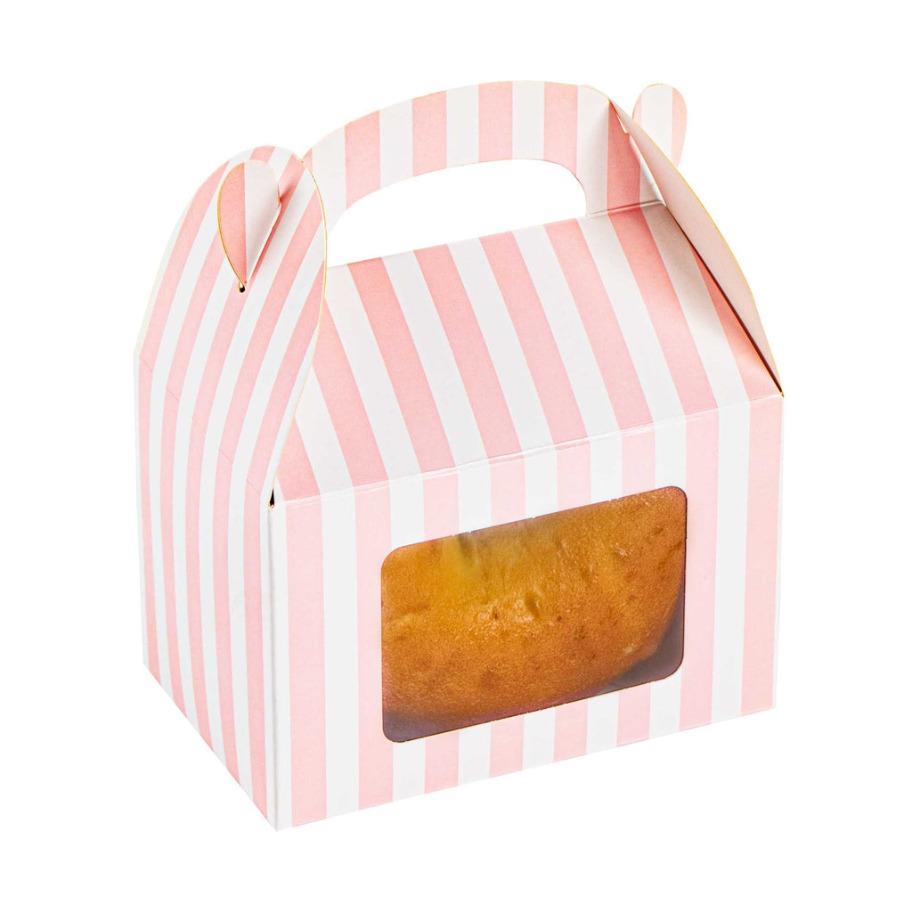 Bio Tek Pink & White Stripe Paper Gable Box / Take Out Container - with Window - 4" x 2 1/2" x 2 1/2" - 25 count box