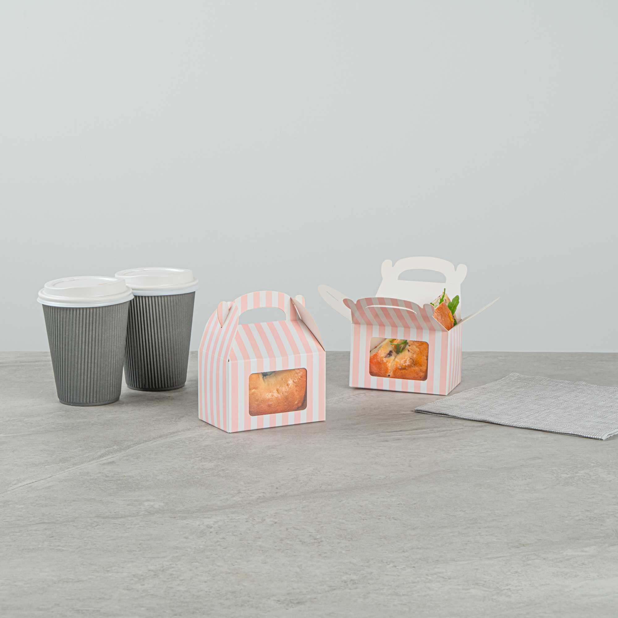 Bio Tek Pink & White Stripe Paper Gable Box / Take Out Container - with Window - 4" x 2 1/2" x 2 1/2" - 25 count box