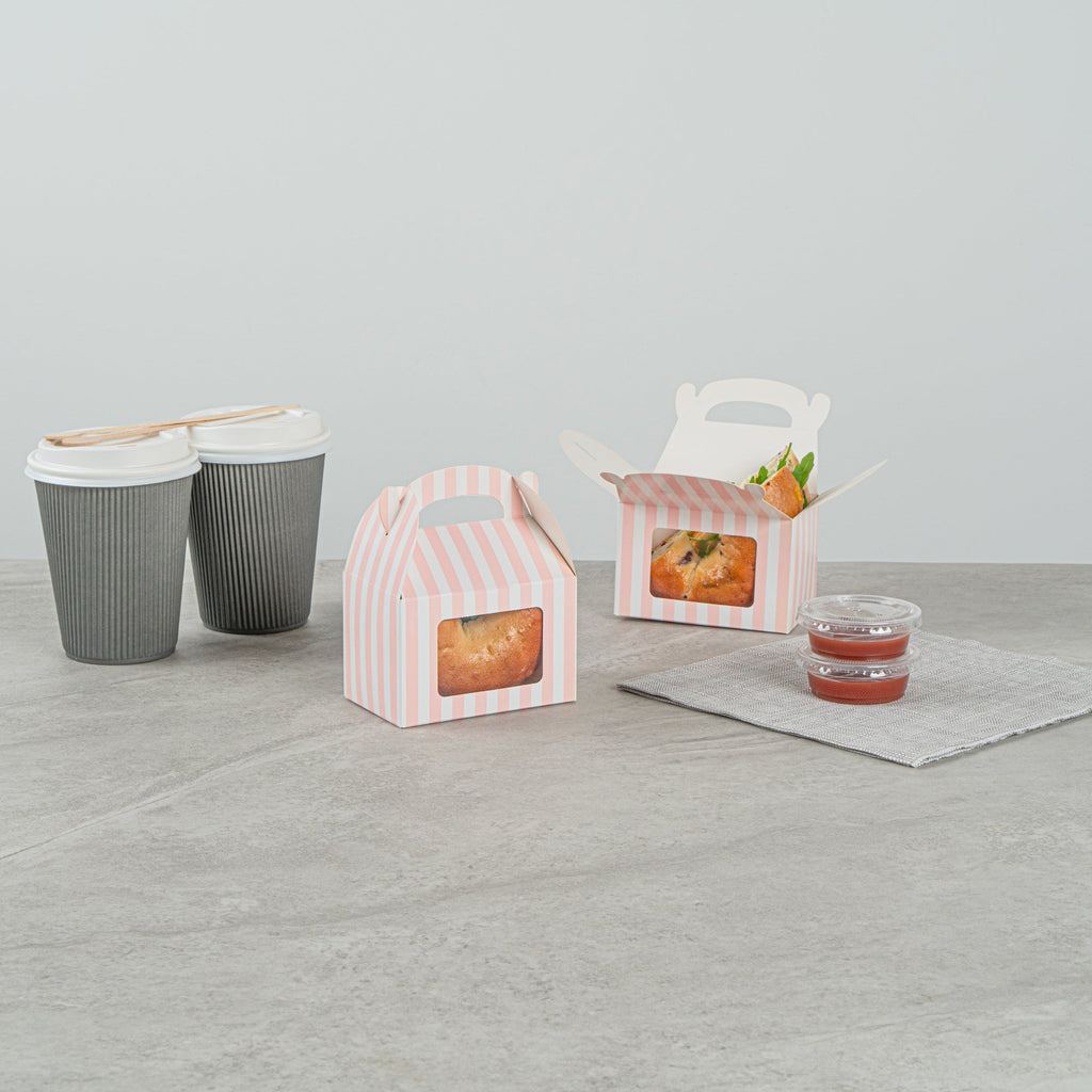 Bio Tek Pink & White Stripe Paper Gable Box / Take Out Container - with Window - 4" x 2 1/2" x 2 1/2" - 100 count box