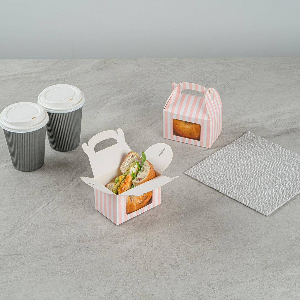 Bio Tek Pink & White Stripe Paper Gable Box / Take Out Container - with Window - 4" x 2 1/2" x 2 1/2" - 100 count box