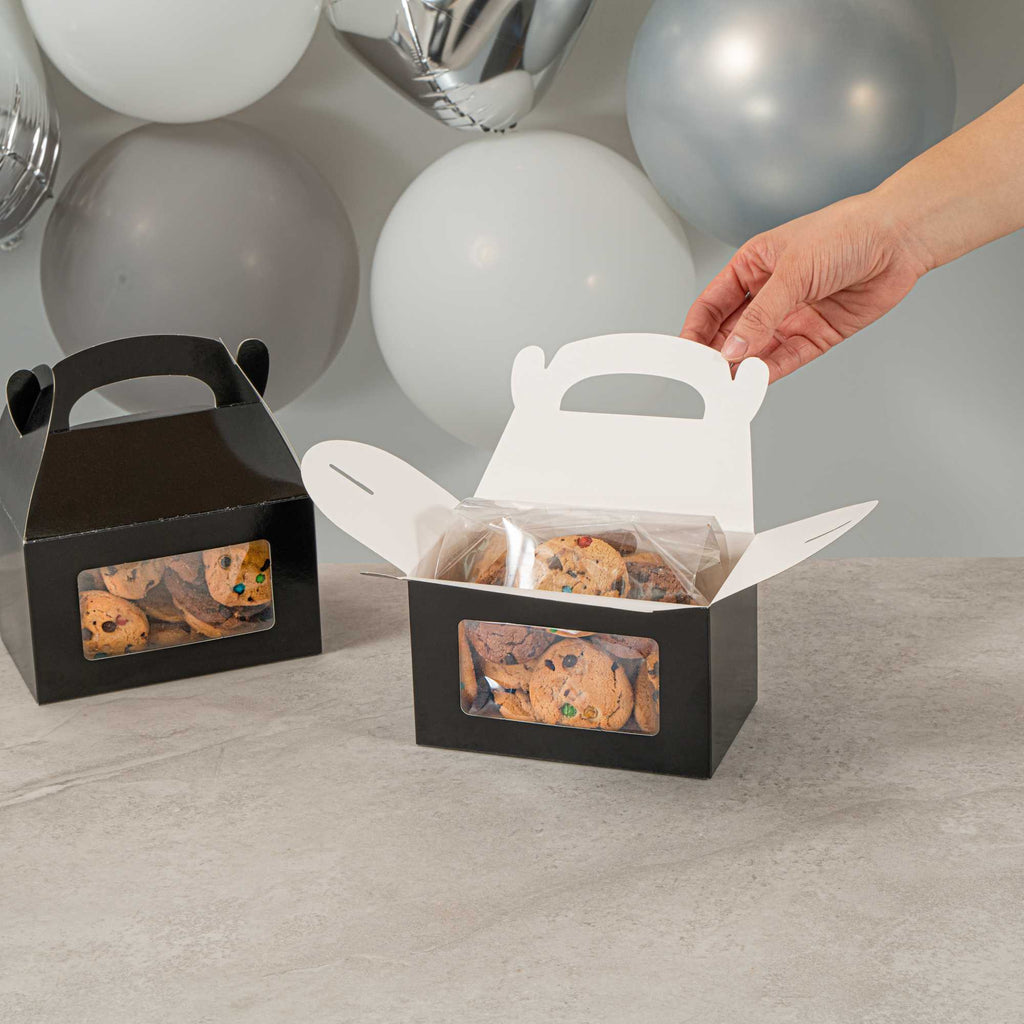 Bio Tek Black Paper Gable Box / Take Out Container - Greaseproof, with Window - 6" x 3 1/2" x 3 1/2" - 25 count box