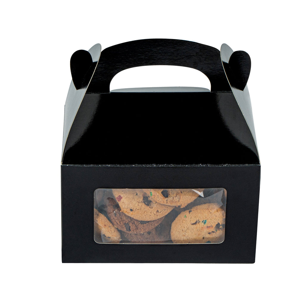 Bio Tek Black Paper Gable Box / Take Out Container - Greaseproof, with Window - 6" x 3 1/2" x 3 1/2" - 100 count box