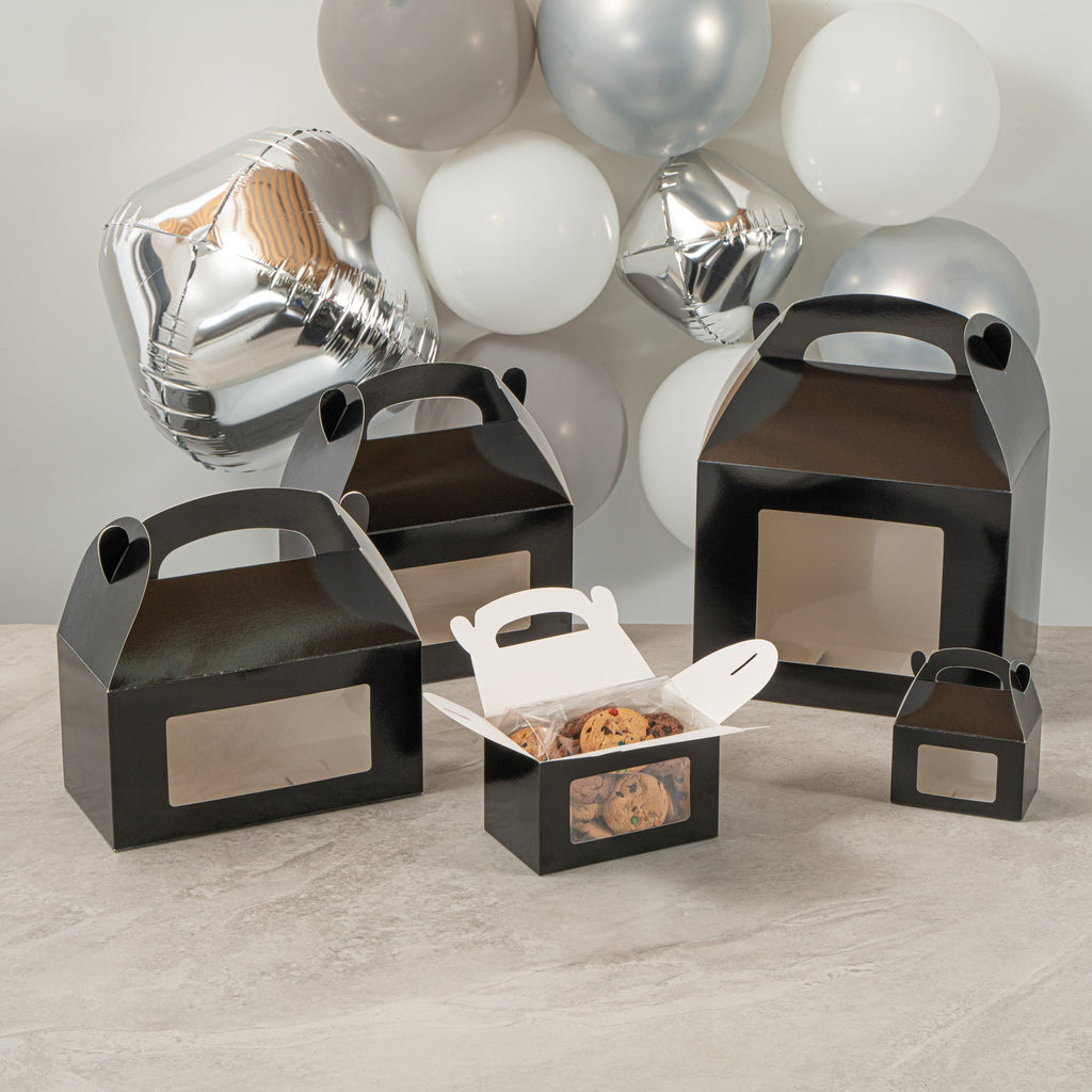 Bio Tek Black Paper Gable Box / Take Out Container - Greaseproof, with Window - 6" x 3 1/2" x 3 1/2" - 100 count box