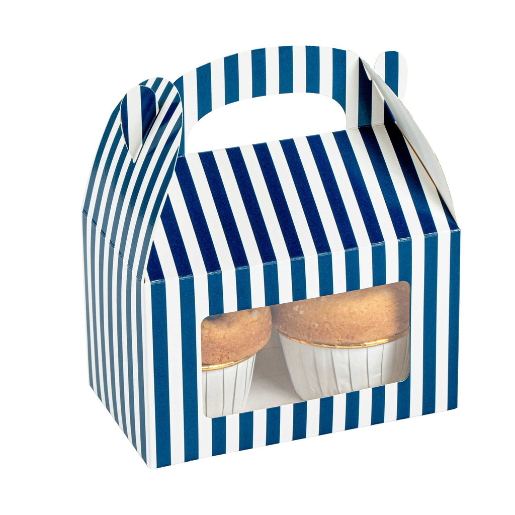 Bio Tek Blue & White Stripe Paper Gable Box / Take Out Container - with Window - 6" x 3 1/2" x 3 1/2" - 25 count box