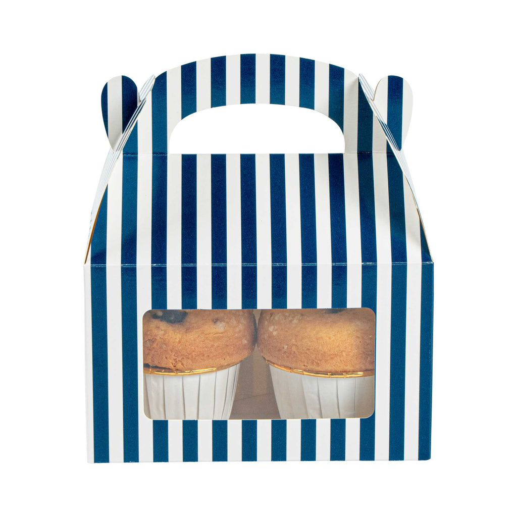 Bio Tek Blue & White Stripe Paper Gable Box / Take Out Container - with Window - 6" x 3 1/2" x 3 1/2" - 25 count box