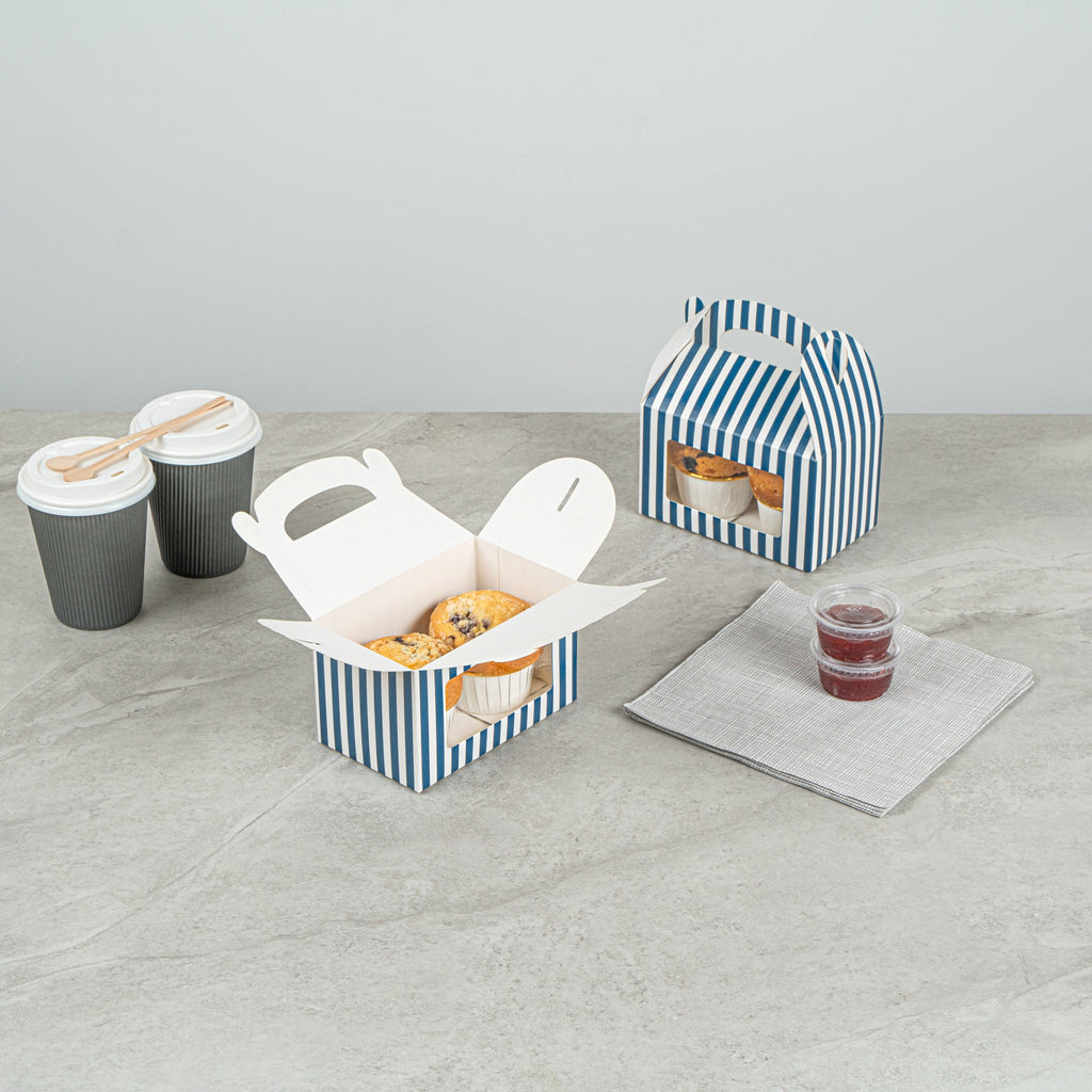 Bio Tek Blue & White Stripe Paper Gable Box / Take Out Container - with Window - 6" x 3 1/2" x 3 1/2" - 100 count box