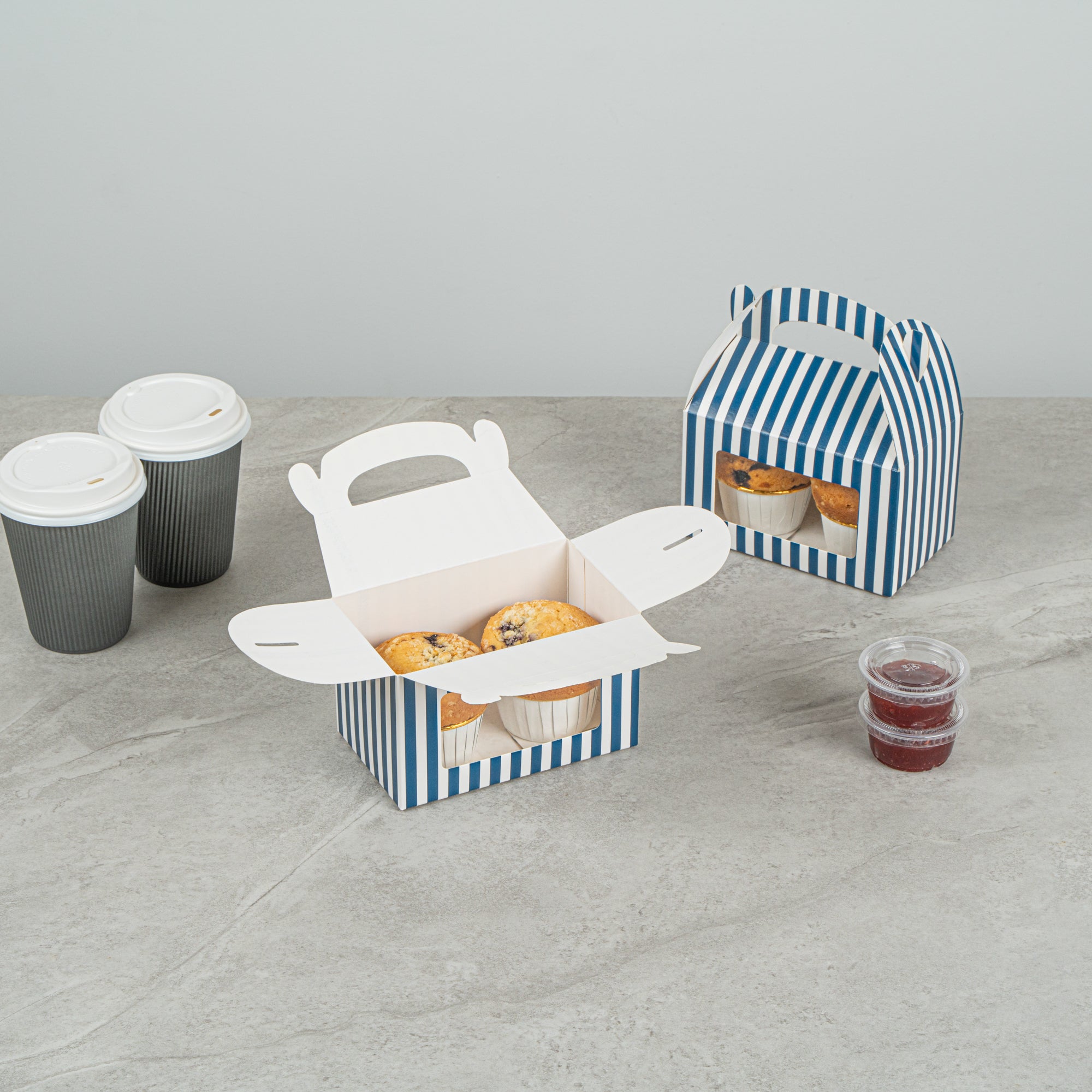 Bio Tek Blue & White Stripe Paper Gable Box / Take Out Container - with Window - 6" x 3 1/2" x 3 1/2" - 100 count box