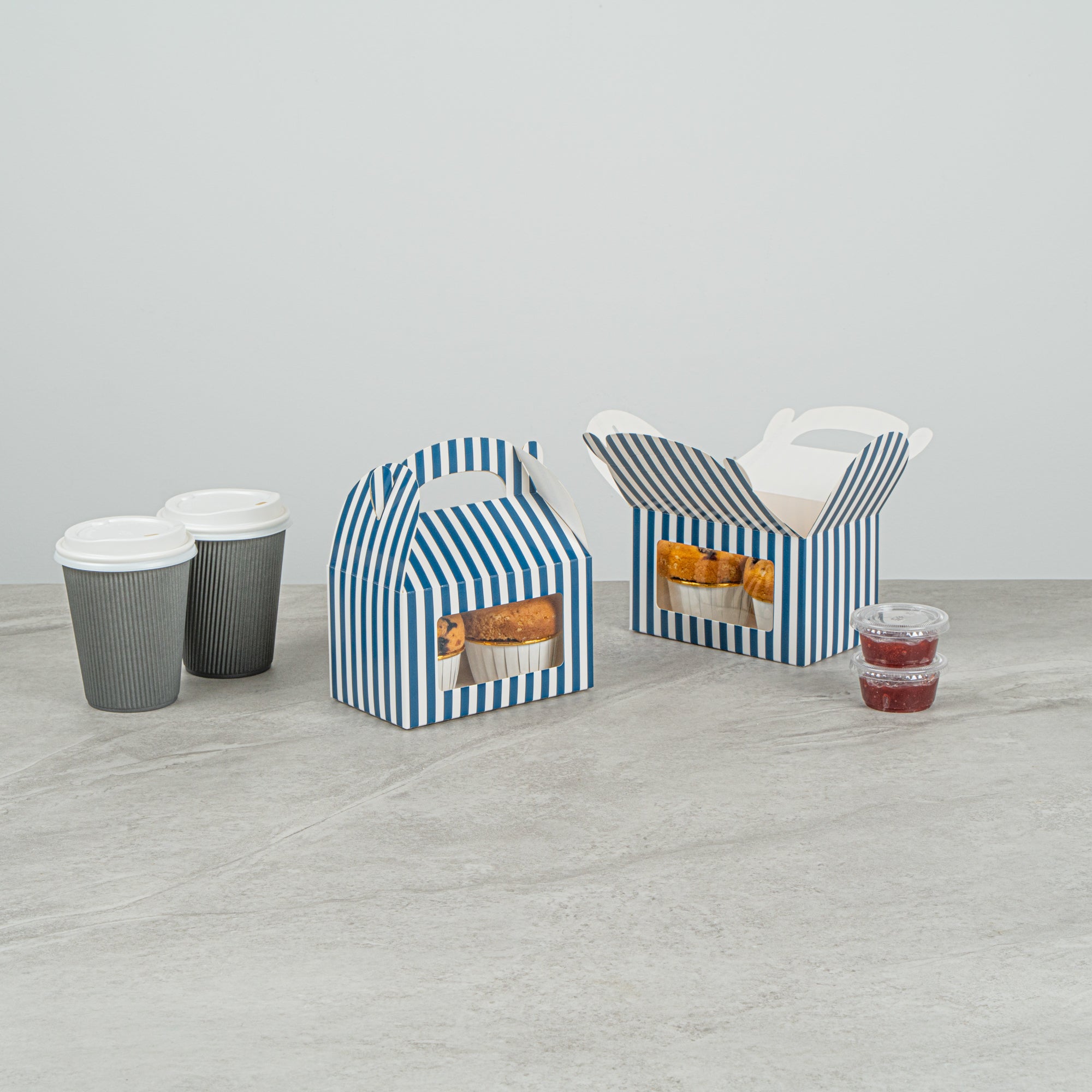 Bio Tek Blue & White Stripe Paper Gable Box / Take Out Container - with Window - 6" x 3 1/2" x 3 1/2" - 100 count box