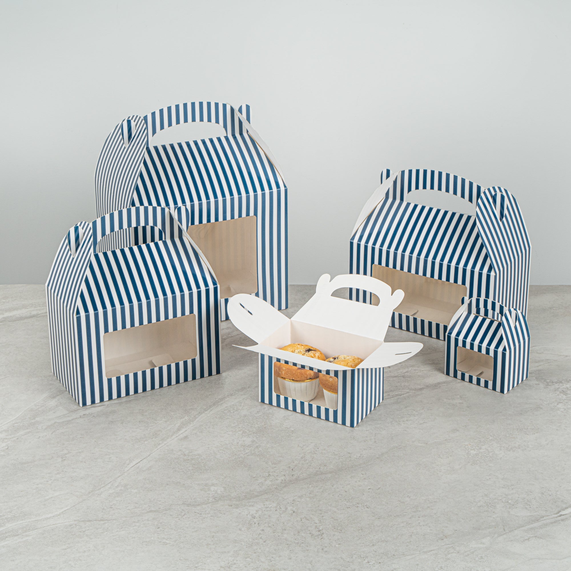Bio Tek Blue & White Stripe Paper Gable Box / Take Out Container - with Window - 6" x 3 1/2" x 3 1/2" - 100 count box