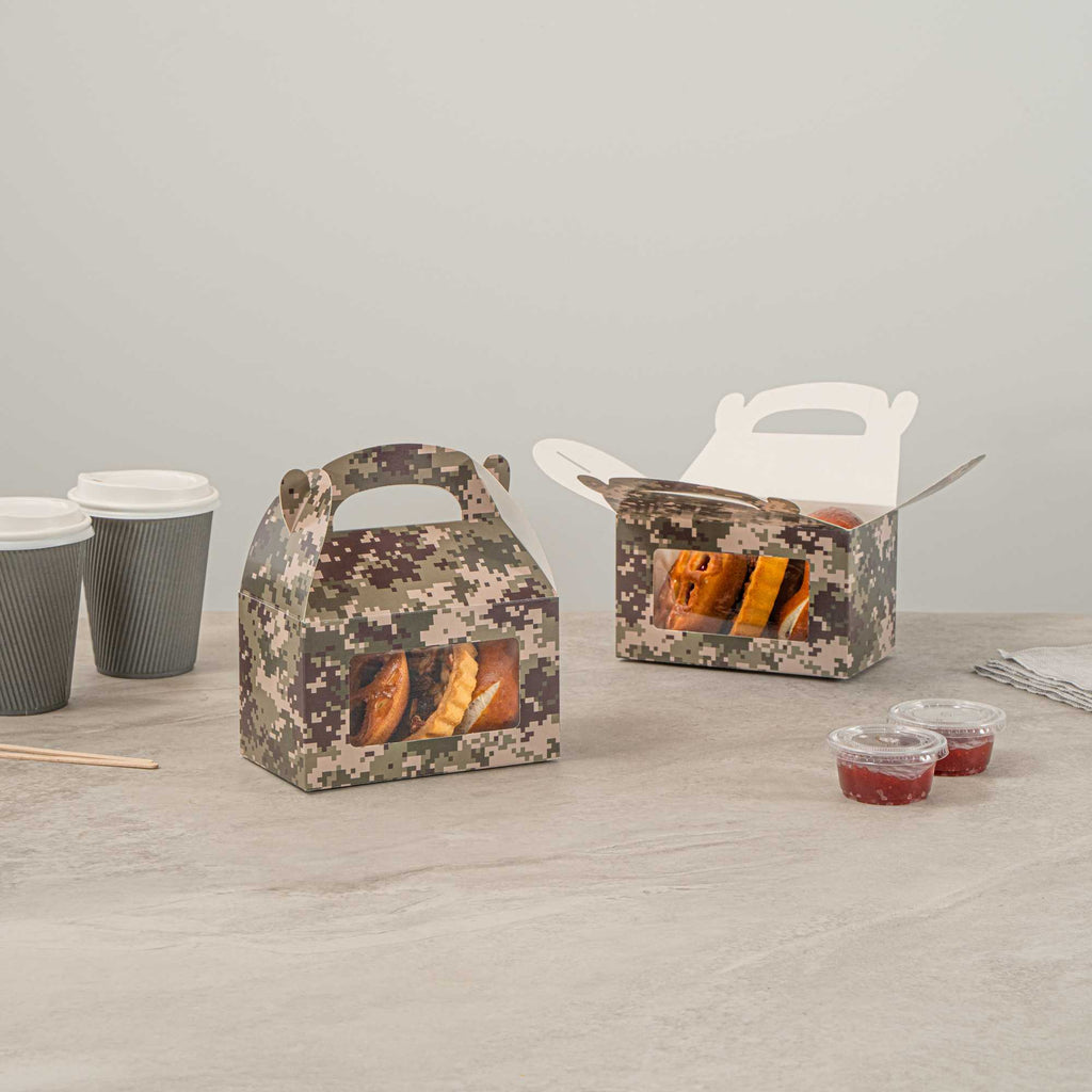 Bio Tek Camouflage Paper Gable Box / Take Out Container - with Window - 6" x 3 1/2" x 3 1/2" - 25 count box