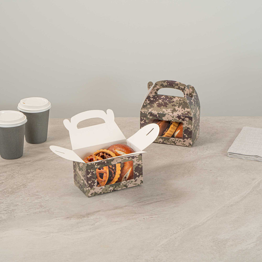 Bio Tek Camouflage Paper Gable Box / Take Out Container - with Window - 6" x 3 1/2" x 3 1/2" - 25 count box