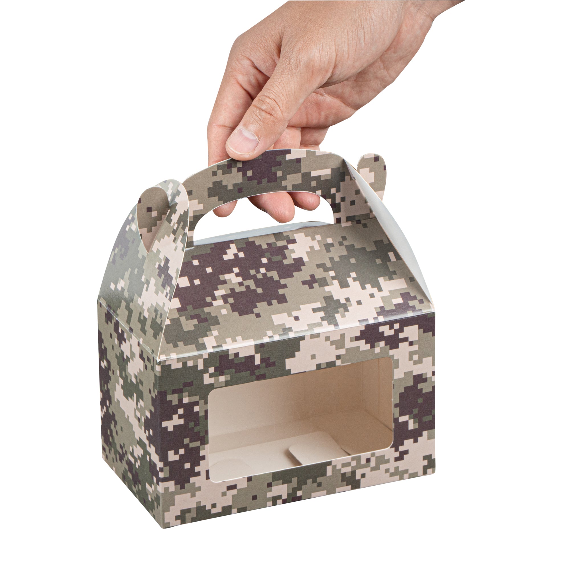 Bio Tek Camouflage Paper Gable Box / Take Out Container - with Window - 6" x 3 1/2" x 3 1/2" - 100 count box