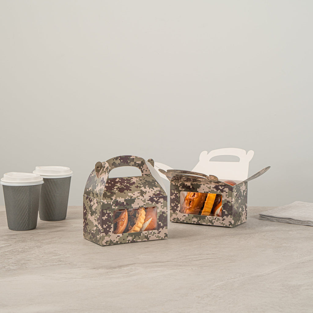 Bio Tek Camouflage Paper Gable Box / Take Out Container - with Window - 6" x 3 1/2" x 3 1/2" - 100 count box