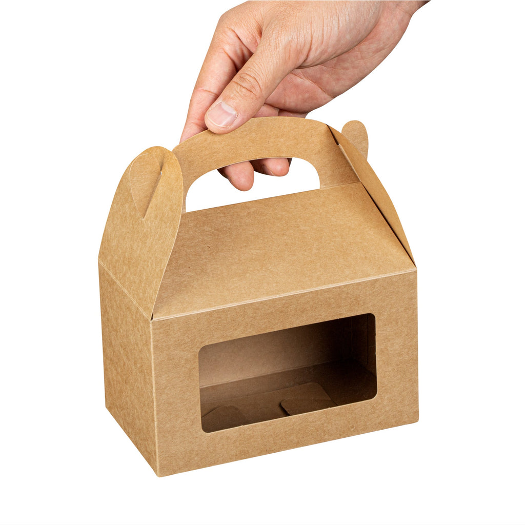 Bio Tek Kraft Paper Gable Box / Take Out Container - Greaseproof, with Window - 6" x 3 1/2" x 3 1/2" - 100 count box