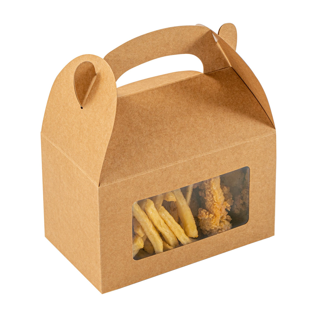 Bio Tek Kraft Paper Gable Box / Take Out Container - Greaseproof, with Window - 6" x 3 1/2" x 3 1/2" - 100 count box