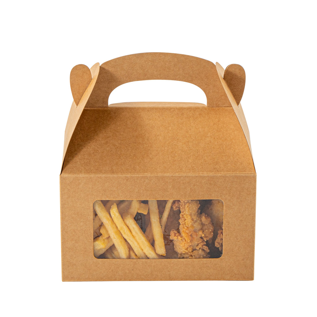 Bio Tek Kraft Paper Gable Box / Take Out Container - Greaseproof, with Window - 6" x 3 1/2" x 3 1/2" - 100 count box
