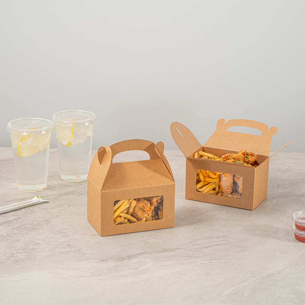 Bio Tek Kraft Paper Gable Box / Take Out Container - Greaseproof, with Window - 6" x 3 1/2" x 3 1/2" - 100 count box