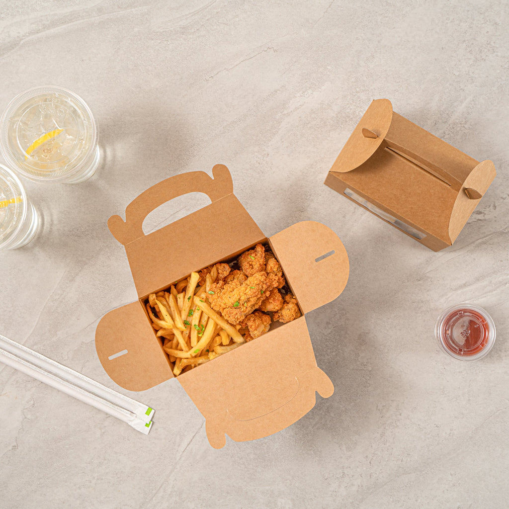 Bio Tek Kraft Paper Gable Box / Take Out Container - Greaseproof, with Window - 6" x 3 1/2" x 3 1/2" - 100 count box