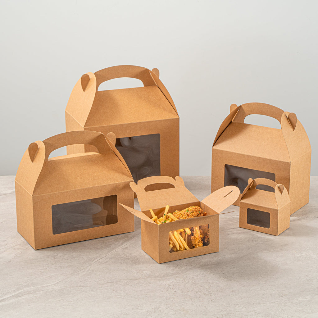 Bio Tek Kraft Paper Gable Box / Take Out Container - Greaseproof, with Window - 6" x 3 1/2" x 3 1/2" - 100 count box