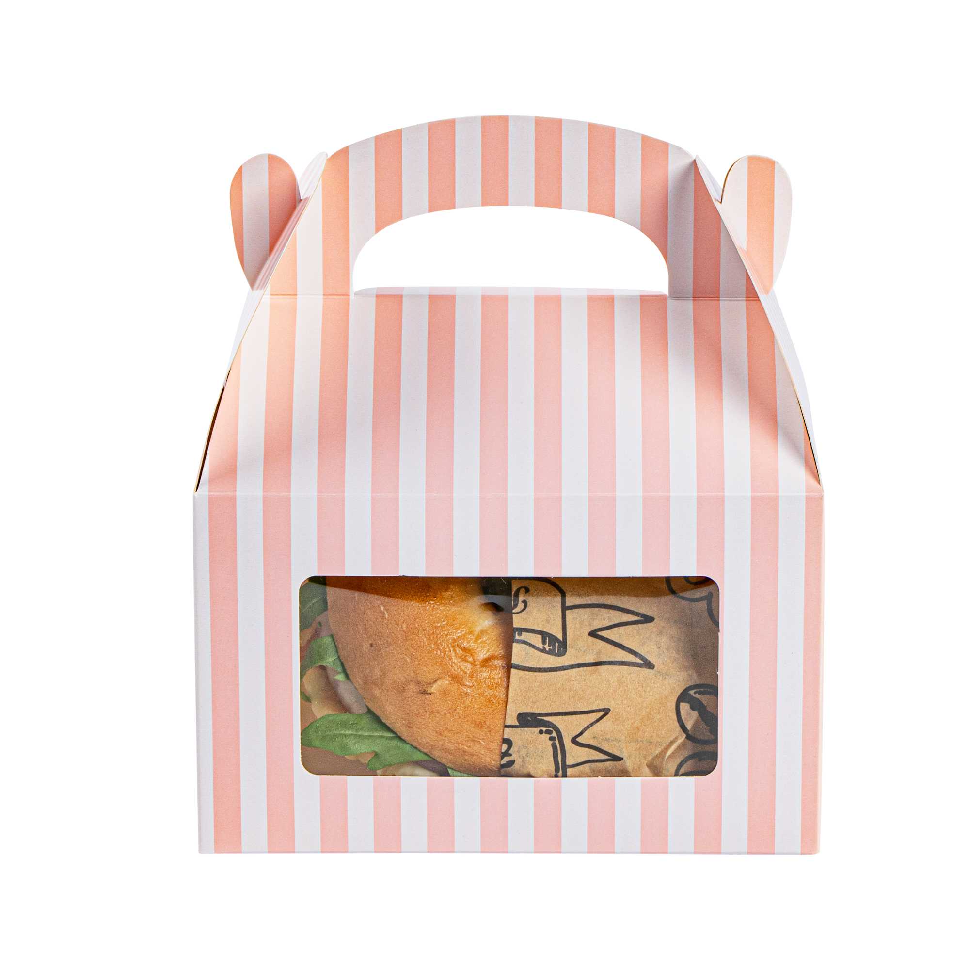 Bio Tek Pink and White Stripe Paper Gable Box / Take Out Container - with Window - 6" x 3 1/2" x 3 1/2" - 25 count box