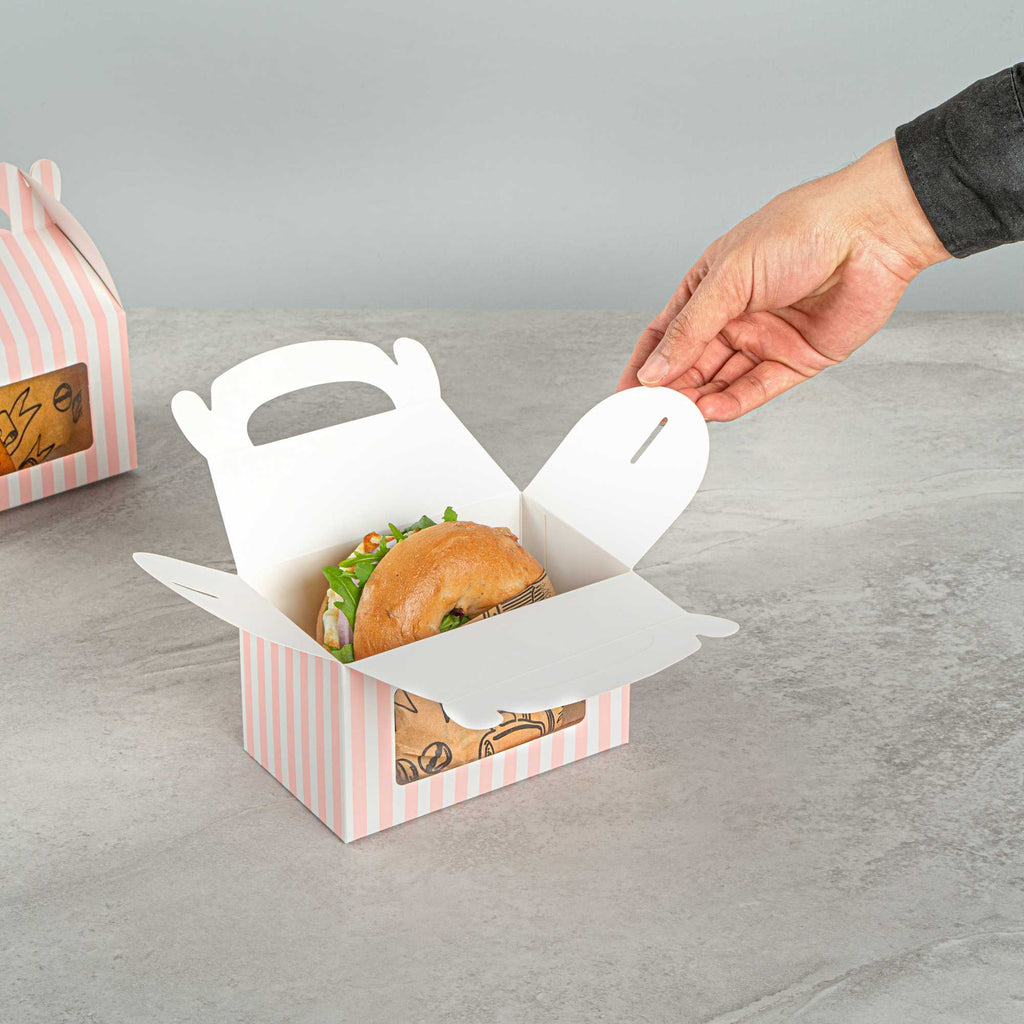 Bio Tek Pink and White Stripe Paper Gable Box / Take Out Container - with Window - 6" x 3 1/2" x 3 1/2" - 25 count box