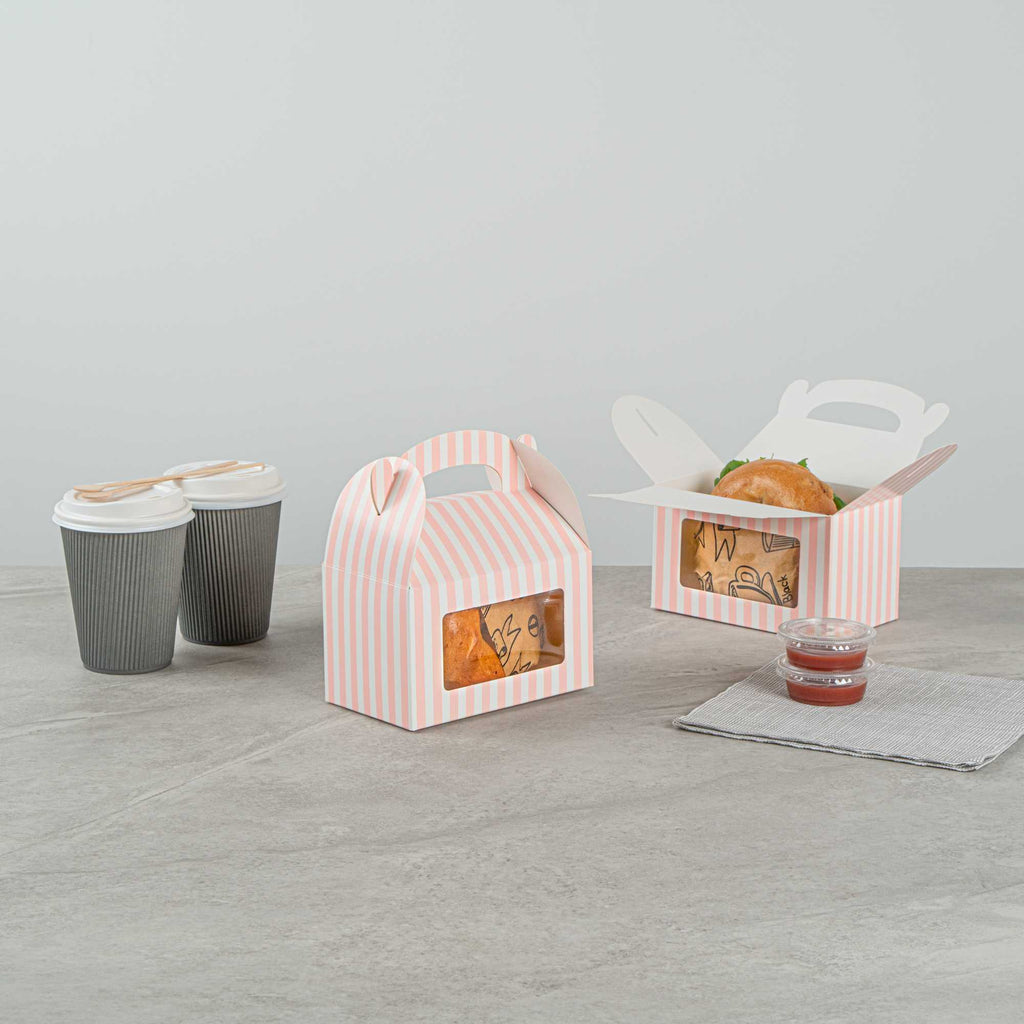 Bio Tek Pink and White Stripe Paper Gable Box / Take Out Container - with Window - 6" x 3 1/2" x 3 1/2" - 25 count box