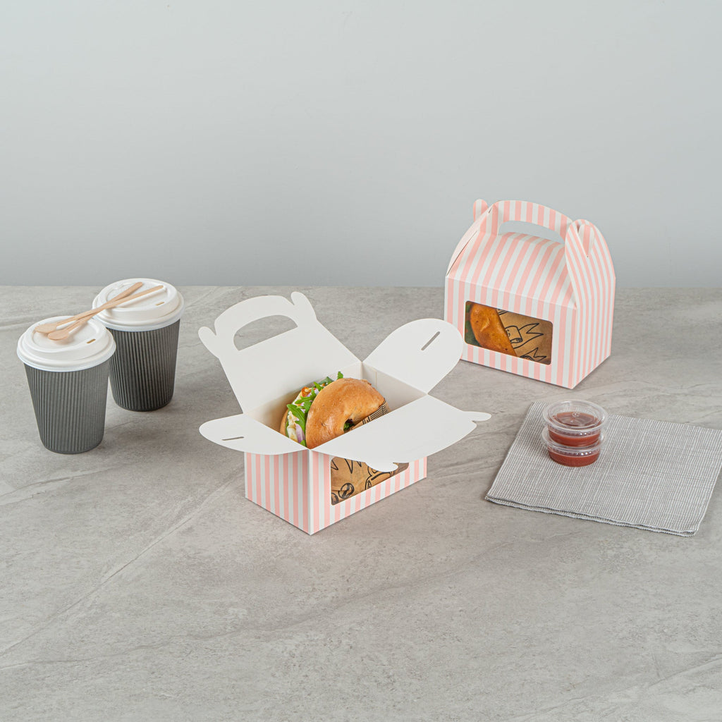 Bio Tek Pink and White Stripe Paper Gable Box / Take Out Container - with Window - 6" x 3 1/2" x 3 1/2" - 100 count box