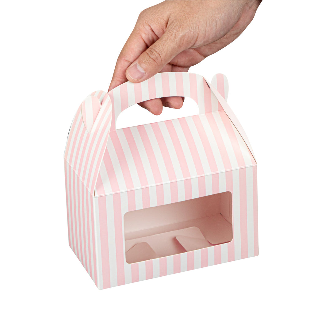 Bio Tek Pink and White Stripe Paper Gable Box / Take Out Container - with Window - 6" x 3 1/2" x 3 1/2" - 100 count box