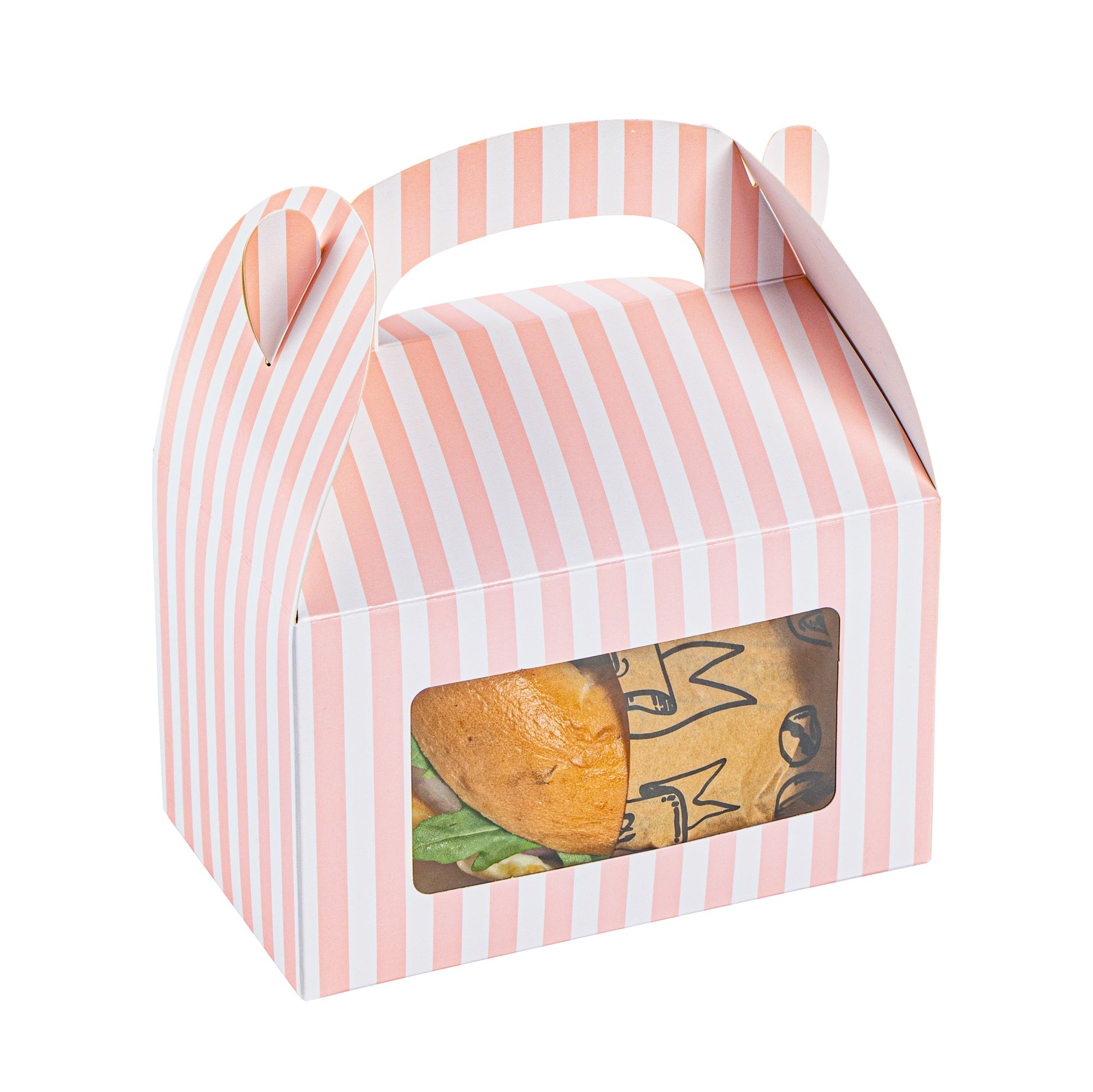 Bio Tek Pink and White Stripe Paper Gable Box / Take Out Container - with Window - 6" x 3 1/2" x 3 1/2" - 100 count box
