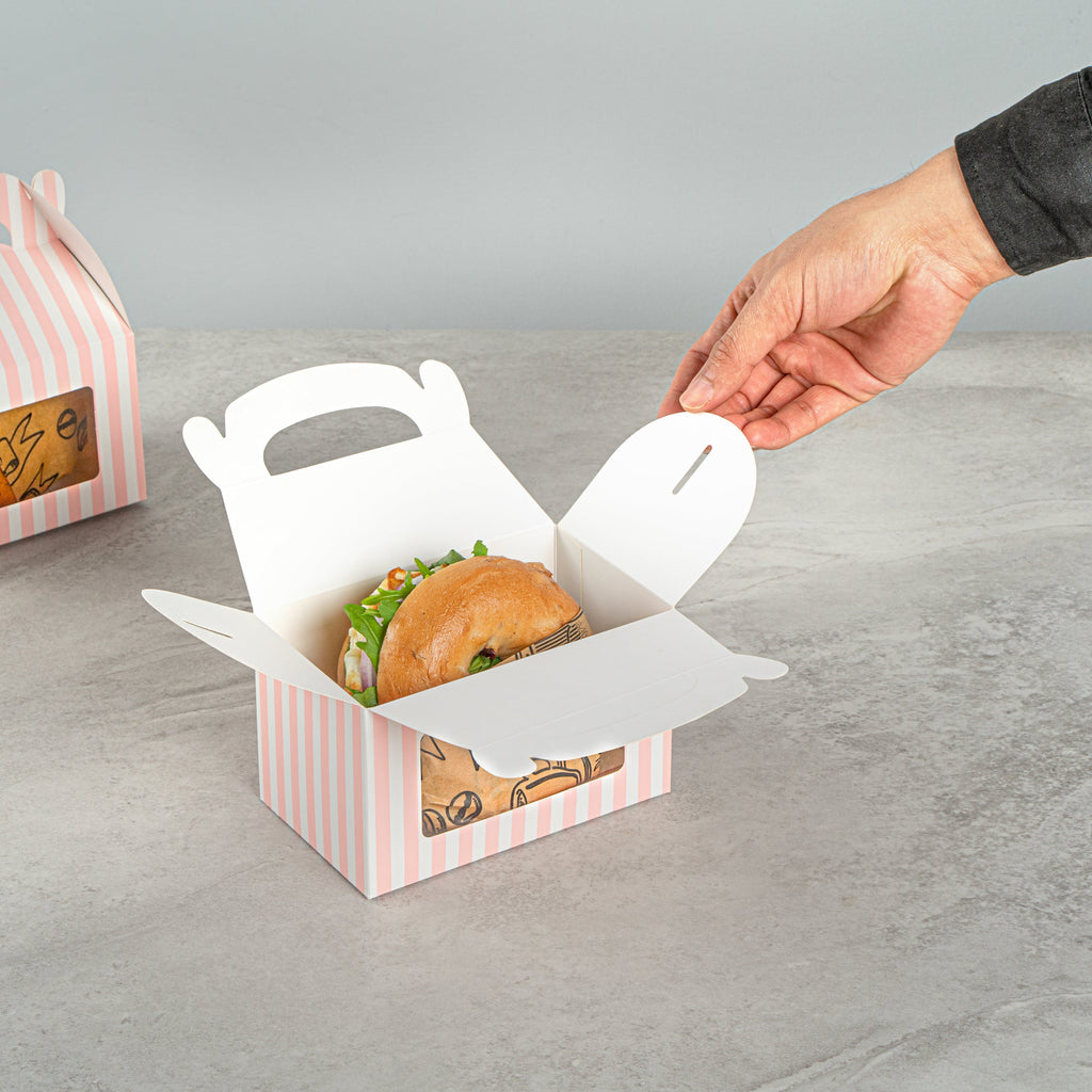 Bio Tek Pink and White Stripe Paper Gable Box / Take Out Container - with Window - 6" x 3 1/2" x 3 1/2" - 100 count box