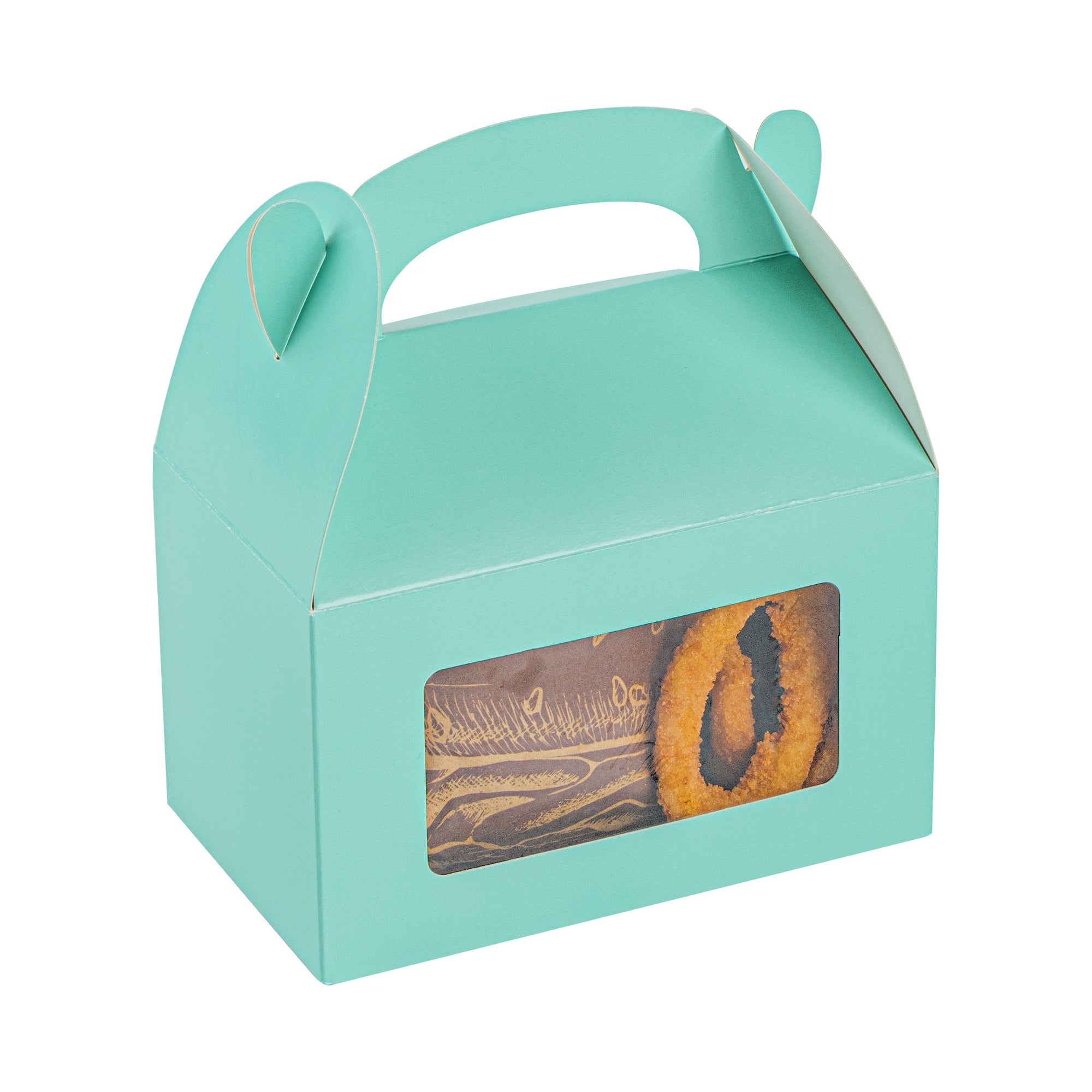 Bio Tek Turquoise Paper Gable Box / Take Out Container - with Window - 6" x 3 1/2" x 3 1/2" - 100 count box