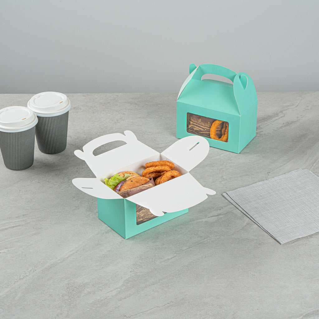 Bio Tek Turquoise Paper Gable Box / Take Out Container - with Window - 6" x 3 1/2" x 3 1/2" - 100 count box