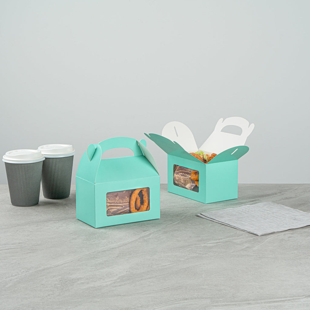 Bio Tek Turquoise Paper Gable Box / Take Out Container - with Window - 6" x 3 1/2" x 3 1/2" - 100 count box