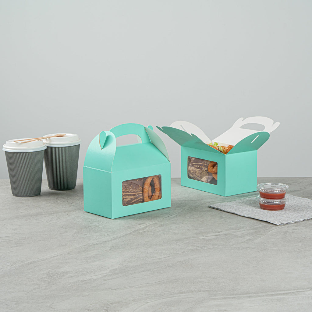 Bio Tek Turquoise Paper Gable Box / Take Out Container - with Window - 6" x 3 1/2" x 3 1/2" - 100 count box