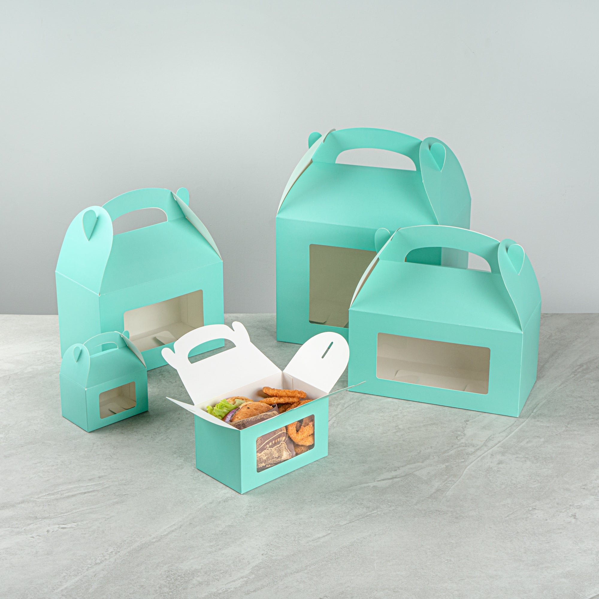 Bio Tek Turquoise Paper Gable Box / Take Out Container - with Window - 6" x 3 1/2" x 3 1/2" - 100 count box