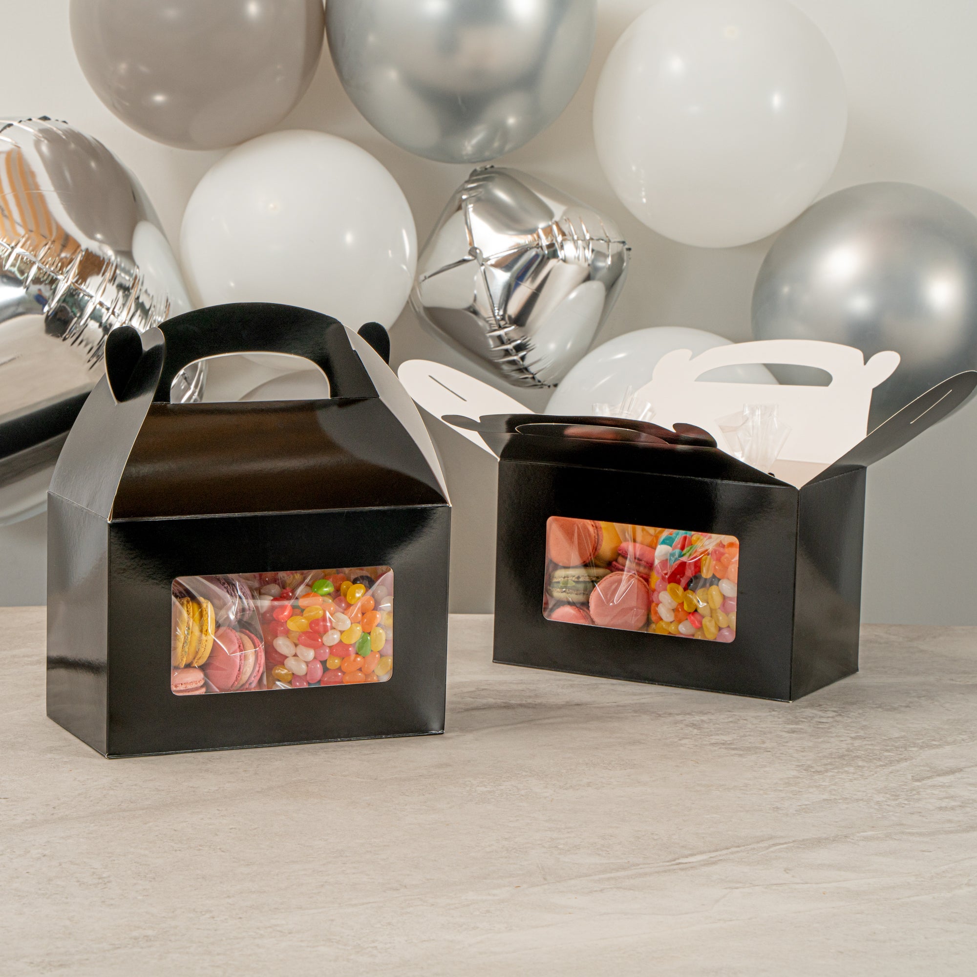 Bio Tek Black Paper Gable Box / Take Out Container - Greaseproof, with Window - 8 1/2" x 4 3/4" x 5 1/2" - 100 count box