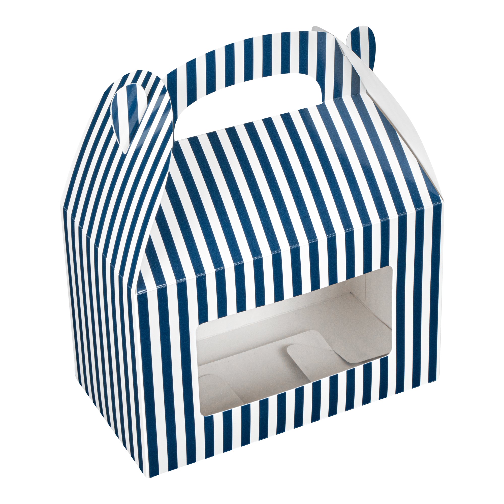 Bio Tek Blue and White Stripe Paper Gable Box / Take Out Container - with Window - 8 1/2" x 4 3/4" x 5 1/2" - 100 count box