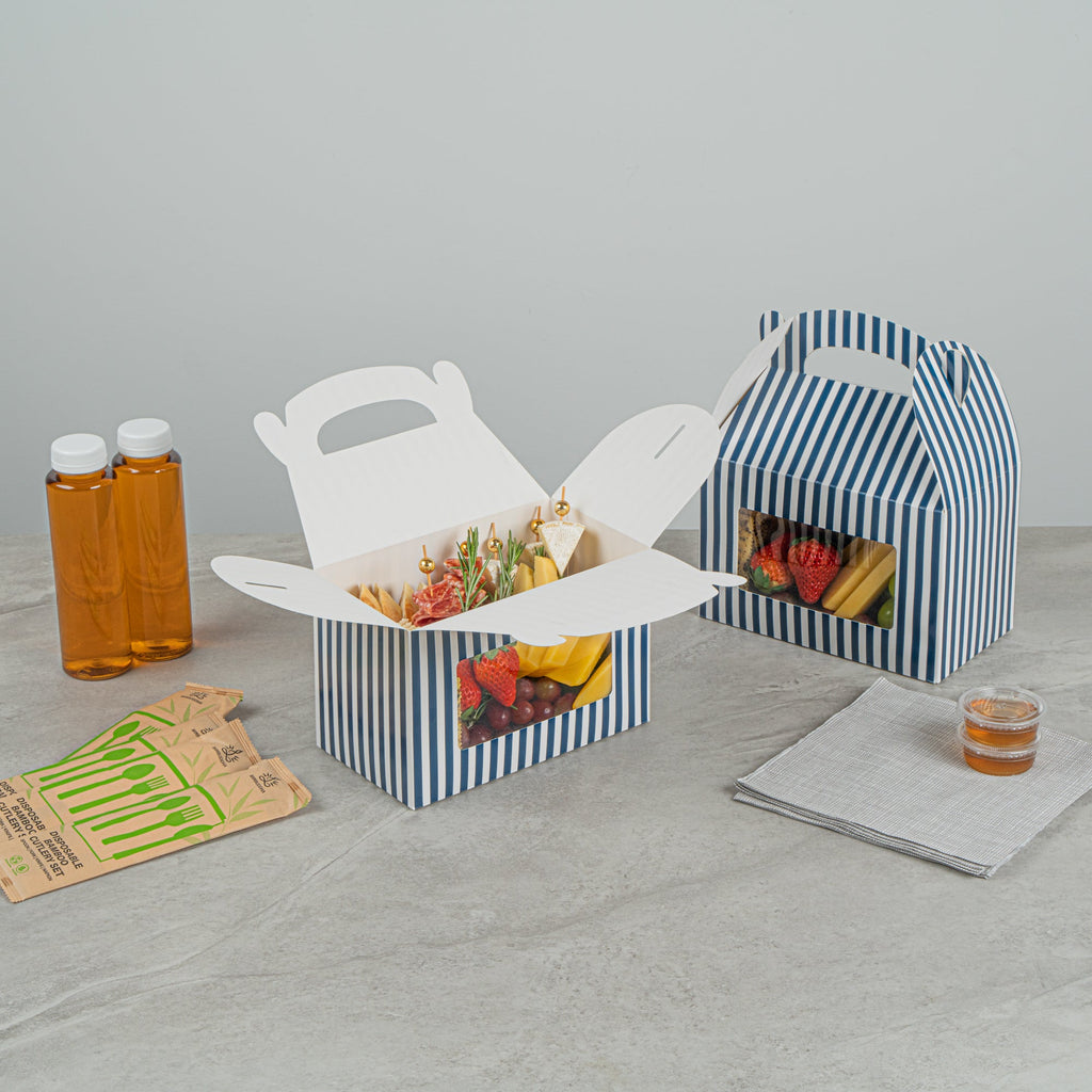 Bio Tek Blue and White Stripe Paper Gable Box / Take Out Container - with Window - 8 1/2" x 4 3/4" x 5 1/2" - 100 count box