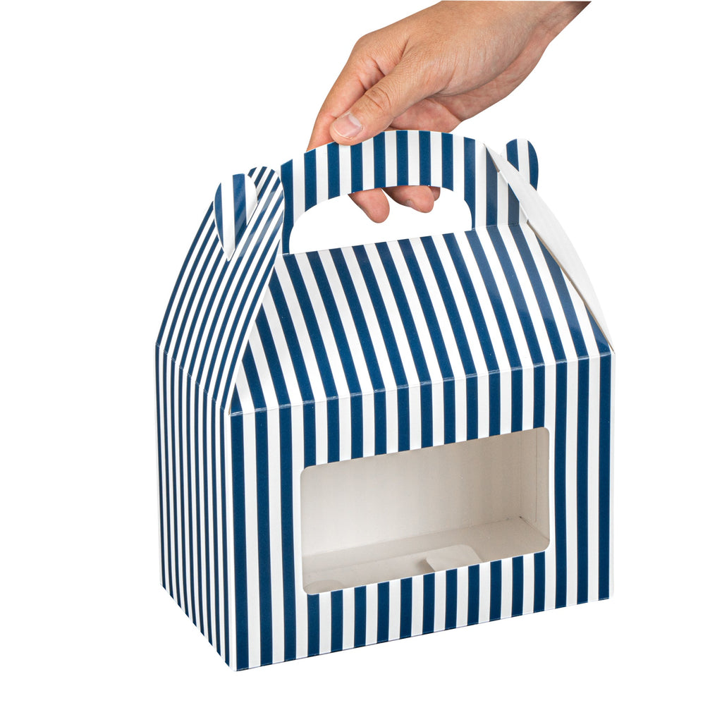 Bio Tek Blue and White Stripe Paper Gable Box / Take Out Container - with Window - 8 1/2" x 4 3/4" x 5 1/2" - 100 count box