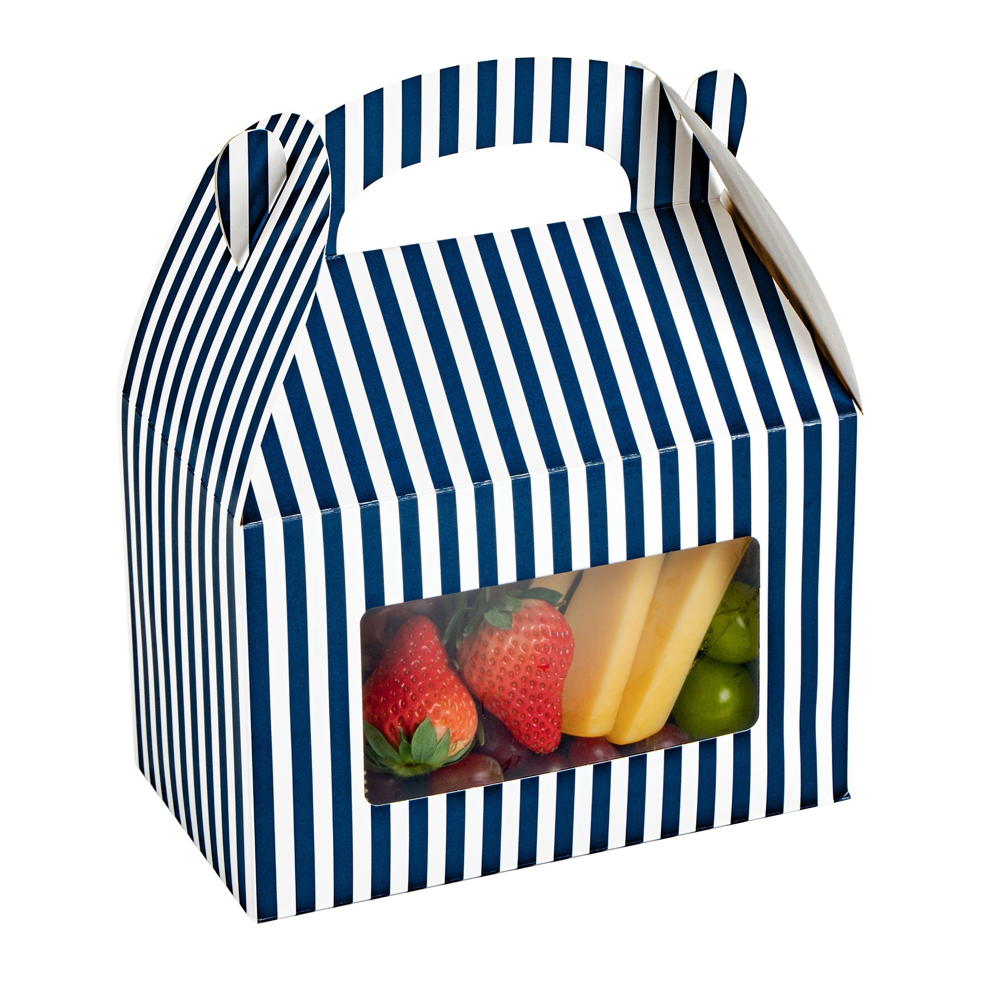 Bio Tek Blue and White Stripe Paper Gable Box / Take Out Container - with Window - 8 1/2" x 4 3/4" x 5 1/2" - 100 count box